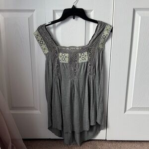 Free People Gray Lace Trim Women's Top